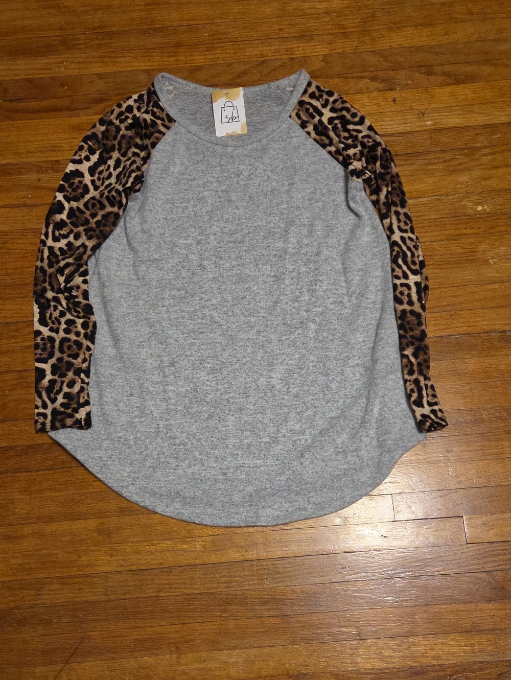 Soft Gray Top with Leopard Print Sleeves - Women